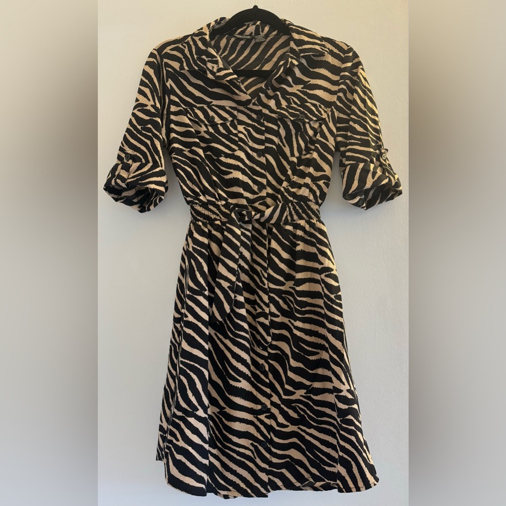 Button Up Striped Tiger/Zebra Print Belted Shirt Dress, Size S